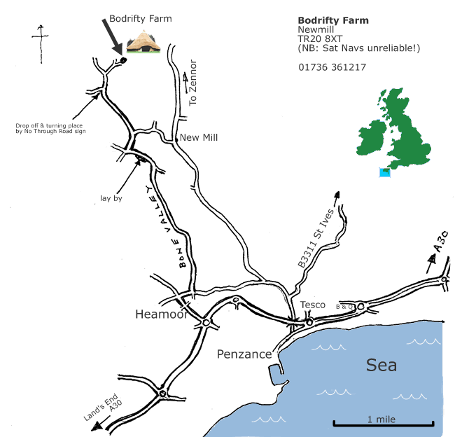 Map showing how to get to Bodrifty from Penzance